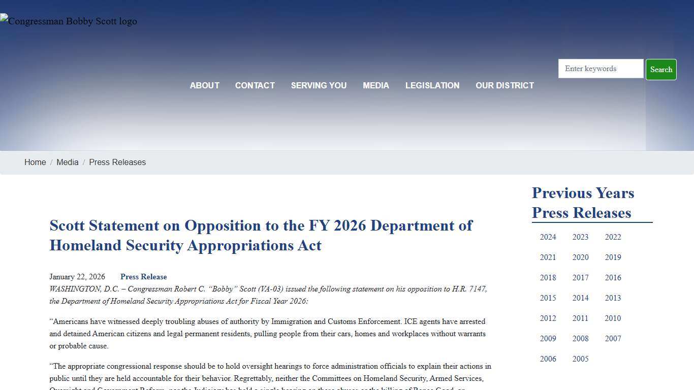 Scott Statement on Opposition to the FY 2026 Department of Homeland Security Appropriations Act Congressman Bobby Scott