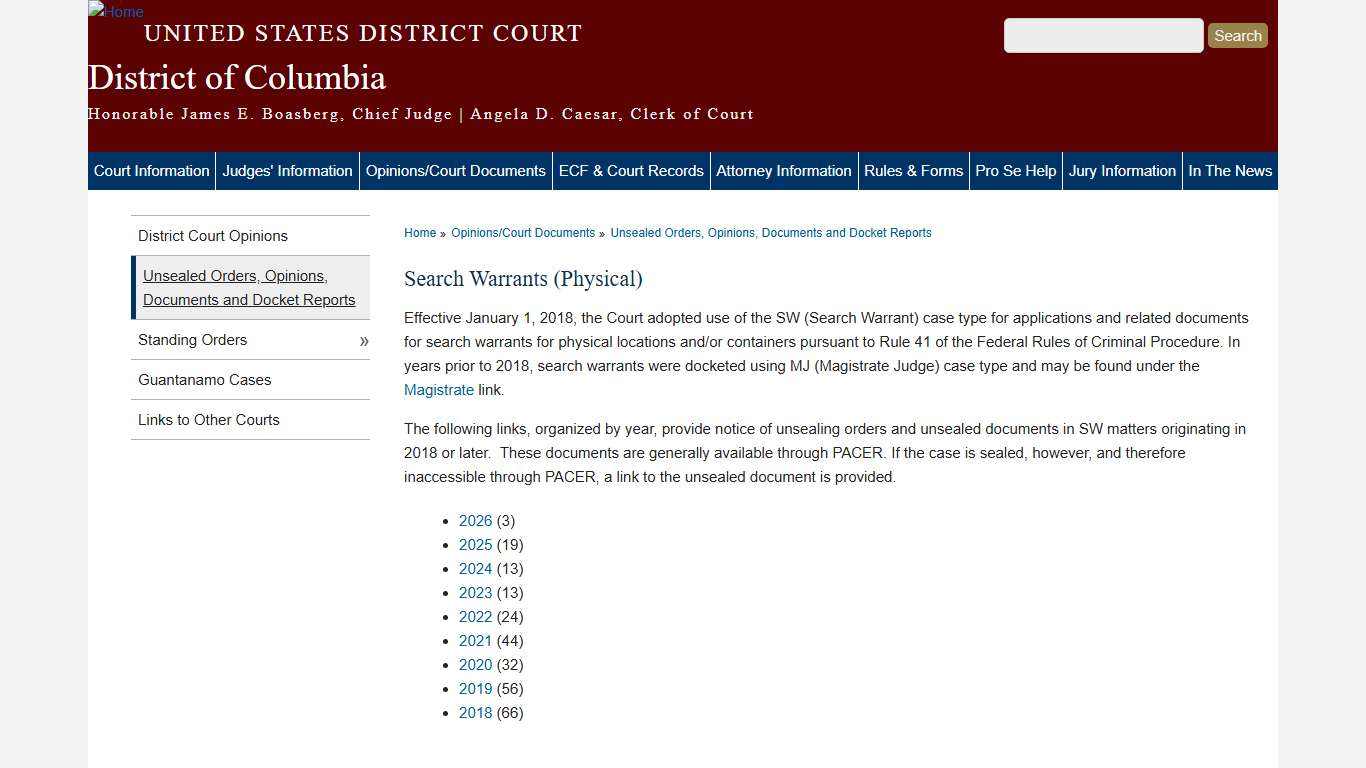 Search Warrants (Physical) District of Columbia United States District Court