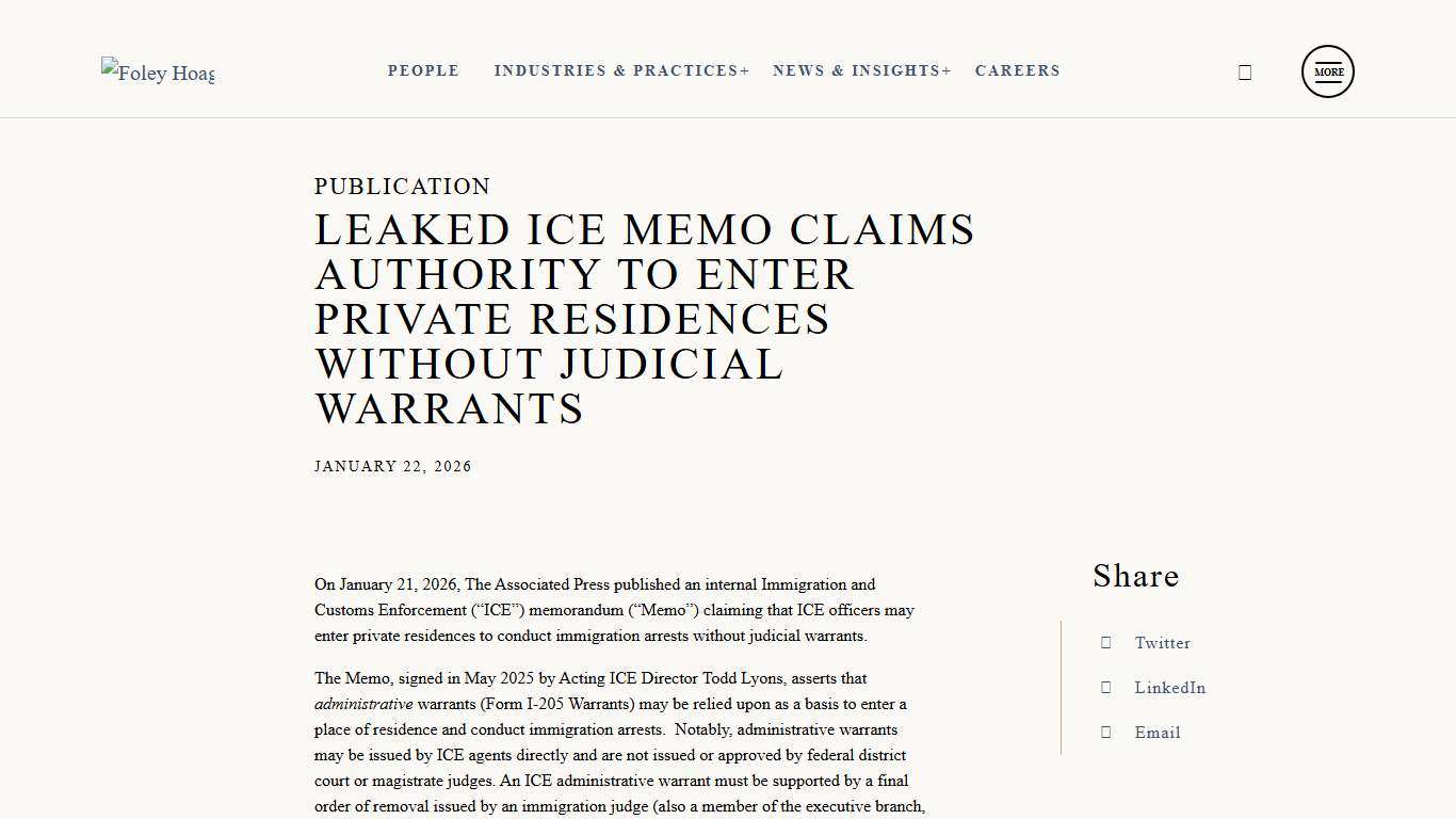 Leaked ICE Memo Claims Authority to Enter Private Residences Without Judicial Warrants Foley Hoag LLP