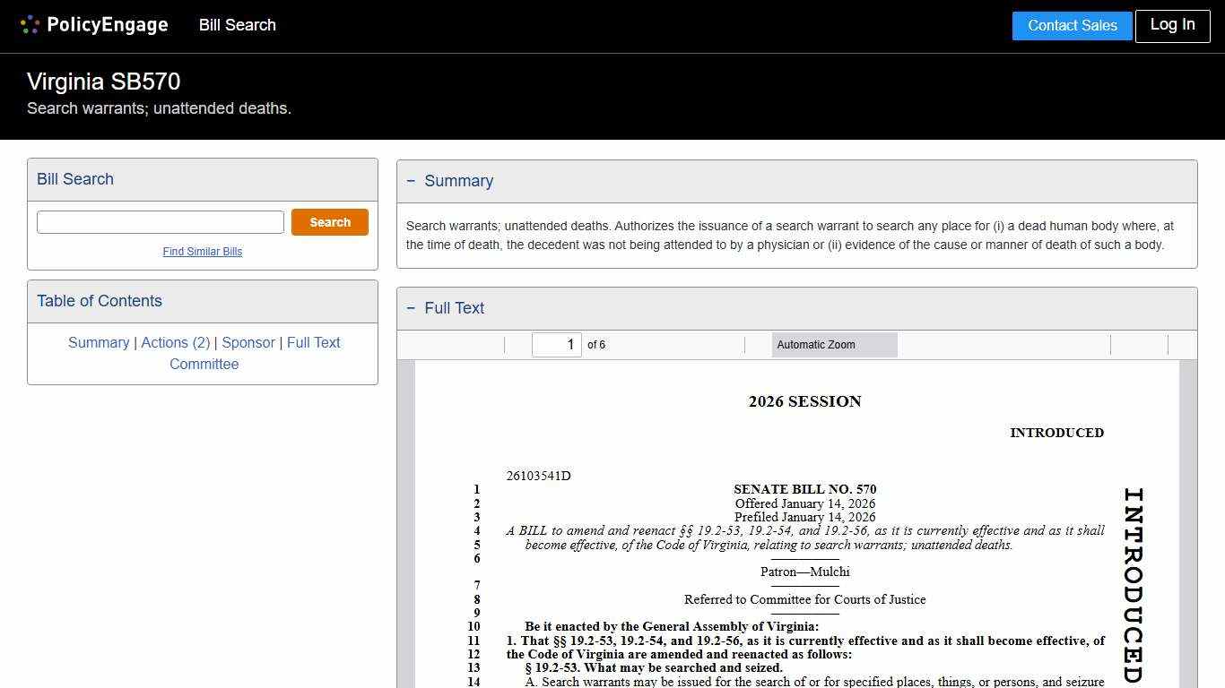 SB570 Virginia 2026 Search warrants; unattended deaths. - Legislative Tracking PolicyEngage